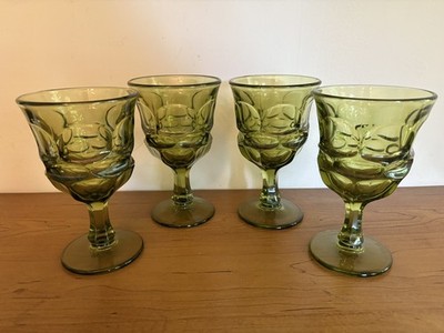 Vintage MCM Fostoria Argus Green  Water Glasses Goblets Set Of 4 8oz Footed
