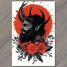Art Print Devil Profile Giant Horns Red Flowers Splatter Circle Black Beard