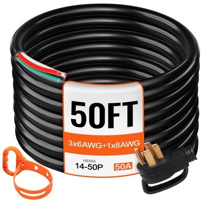 50A 50ft Generator Cord: Pure Copper, 6AWG/3C+8AWG/1C, STW, Ergonomic Grip