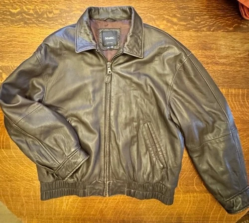 MARC New York Men's Leather Bomber Jacket Brown Full Zip Lined Size L Very Soft - product listing photo