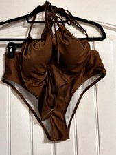 Brown High-Waisted Bikini Set Halter Top Adjustable Strap 82 Polyester M