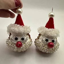 (2) Sequins & Pins Vintage Hand Crafted Santa Head Christmas Ornament