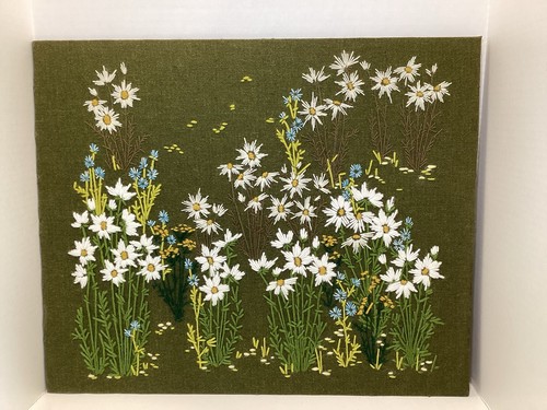 Vintage Paragon Green Crewel Embroidered Daisy Wildflowers Field Unframed 18x22