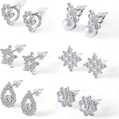 Aretes Plata Mujer 6 Pares Zirconia Cubica 925 Esterlina Pequenos Cartilago