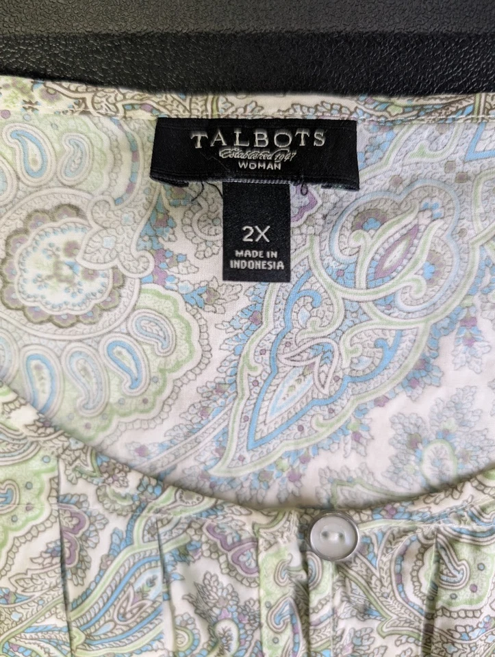 Blusa Top Talbots Talla 2X Manga 3/4 Verde Paisley Plisada Ligera Foto 2 de 4