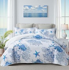 Coastal Bedding Size Coastal Quilt with 2 Shams, Nautical Beach Queen Starfish