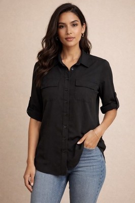 Lulus Women s Short Sleeve Button Down Shirt Blouse Small Roll Tab Sleeves Black