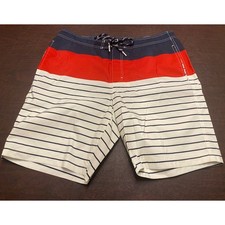 Lands End Red White Blue Stripe Swim Trunk Shorts Pockets Built-in Brief Large