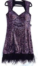 GUESS Womens Purple Sequin Dress w/ Black Ostrich Feather Hem