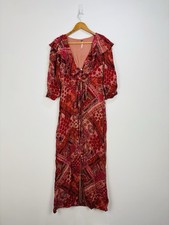 Free People Dress Women Size Small Orange Red Long Maxi Buttoned Frill Boho Slit