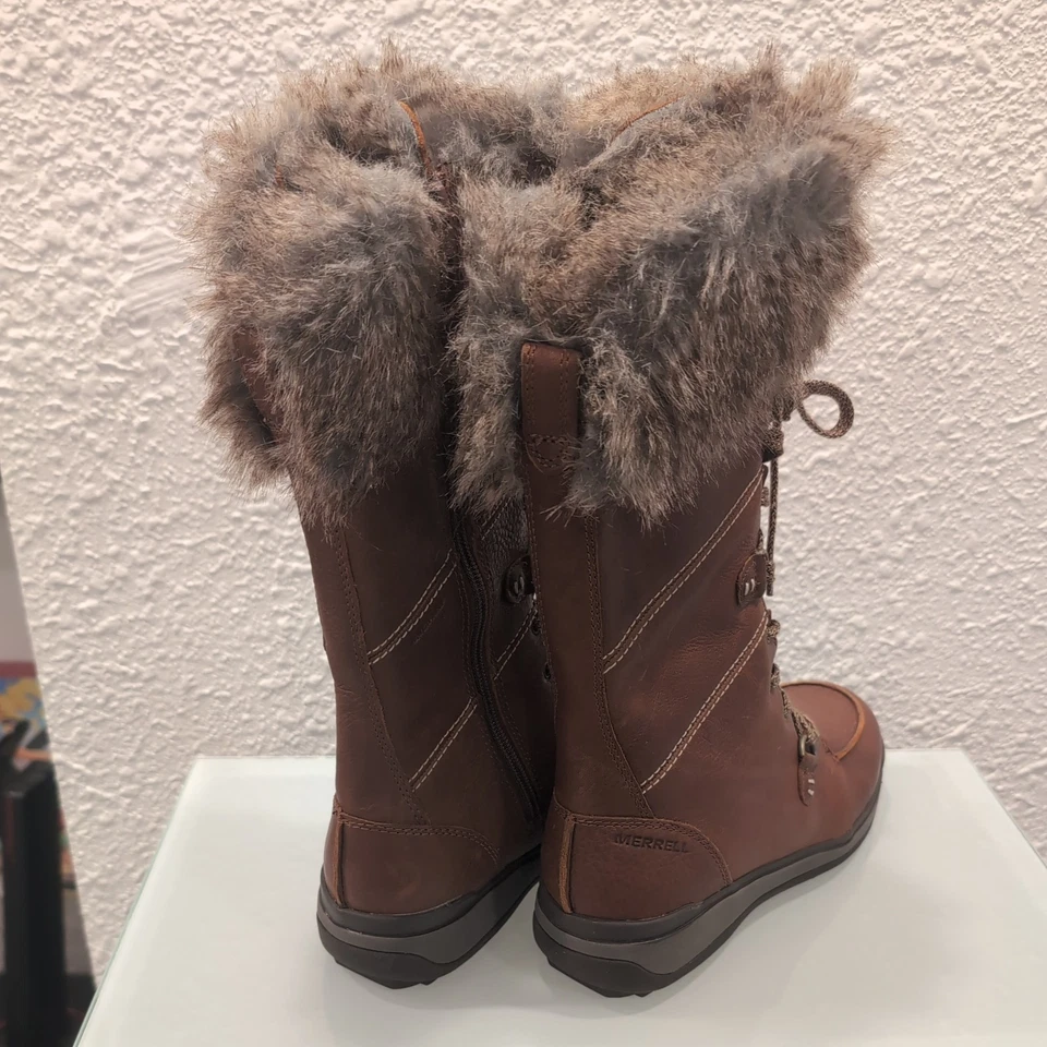 Женские высокие полярные сапоги Merrell Snowcreek размер 8 коричневая кожа водонепроницаемая меховая отделка - Изображение 3 из 4
