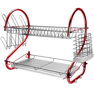 MegaChef 16'' Two Shelf Iron Wire Dish Rack in Red