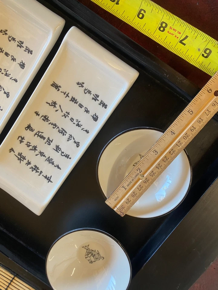Juego de sushi de cerámica de colección de 7 piezas para 2 platos cuencos tapetes de bambú bandeja de madera Foto 4 de 4