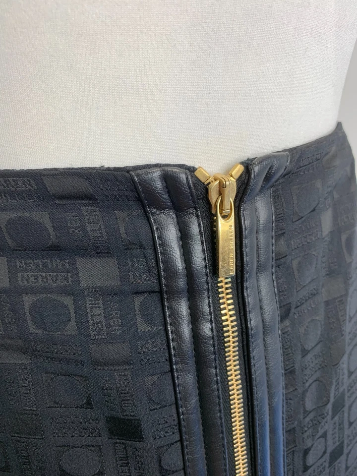 VTG Karen Millen monogram Pencil Skirt UK 12 VGC 90s Y2K gold zips pattern - Image 4 of 4
