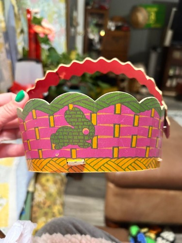 Vintage Pink and Green Cardboard Bunny Easter Basket - Picture 1 of 6