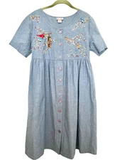 Go Softly Patio Blue Floral Bird Embroidered Nightgown Dress Women’s Size Small