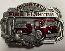 Vintage 1989 Volunteer FIREFIGHTER Fire Engine Pewter High End Belt Buckle MINTY