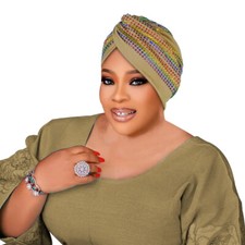 African Women Head Wrap Turban Hat Ready to Wear Hair Loss Chemo Cap Rhinestone