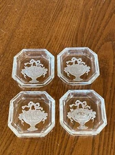 4 CZECH BOHEMIAN GLASS Vintage ART DECO Etched ROSES INTAGLIO SALT CELLAR Dish
