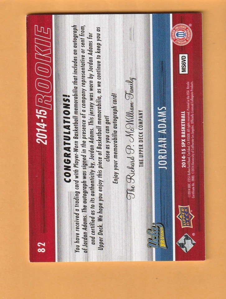 Jordan Adams UCLA Bruins AUTO 2014-15 SPx #82 JSY AU/499 Lawrenceville GA - Image 2 of 2