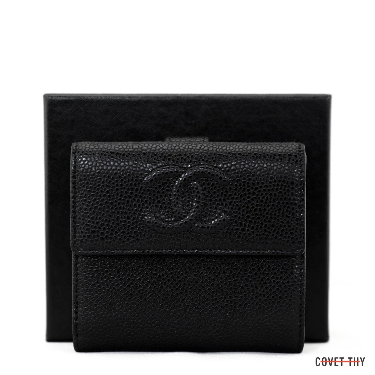 Chanel Black Caviar Leather CC Logo Long Snap Bifold Wallet