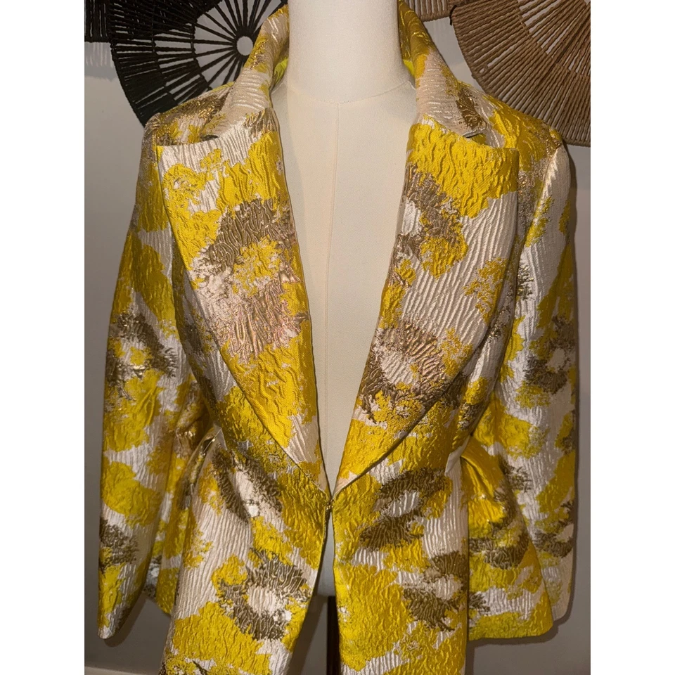 Chaqueta Blazer AKIRA Oro Amarillo Floral Metálico Brocado Cinturón Para Mujer L Foto 3 de 4
