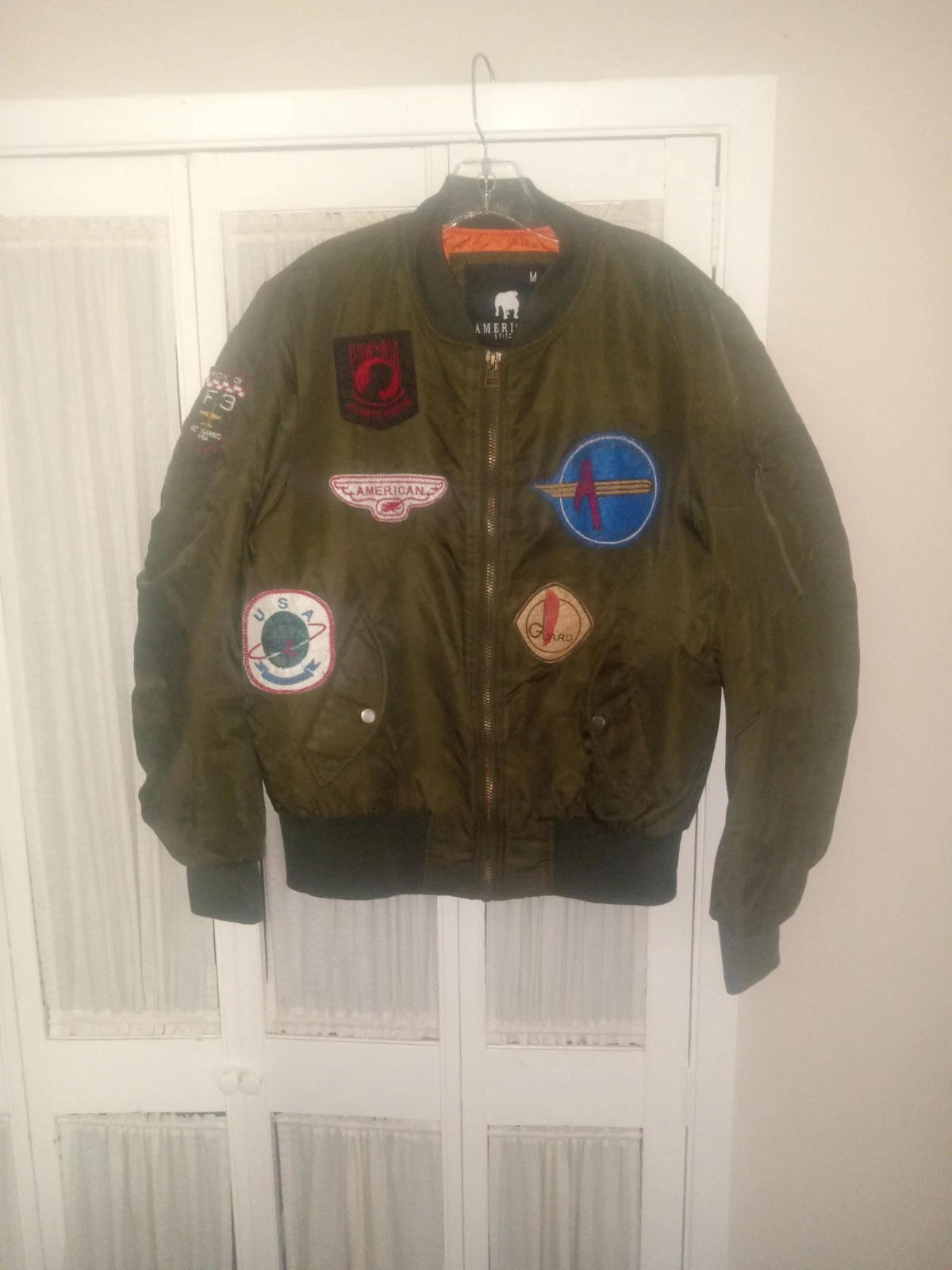 American Stitch Men's White Aviator Bomber Flight Jacket M Army Patches F3 USA