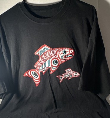 Native Northwest 2XL Black Cotton Shirt Indigenous Salmon Art