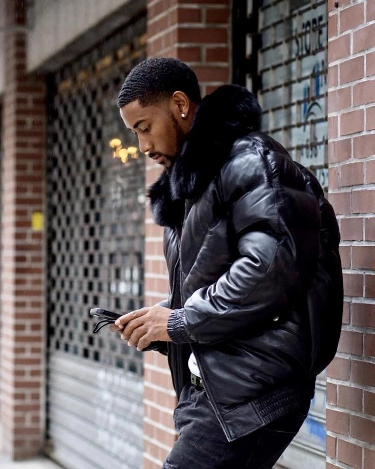 Men's V Bomber Quilted Puffer Black Real Leather Winter Jacket Fur Collar - product detail image 2