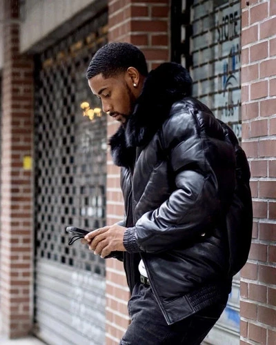 Men's V Bomber Quilted Puffer Black Real Leather Winter Jacket Fur Collar image 2