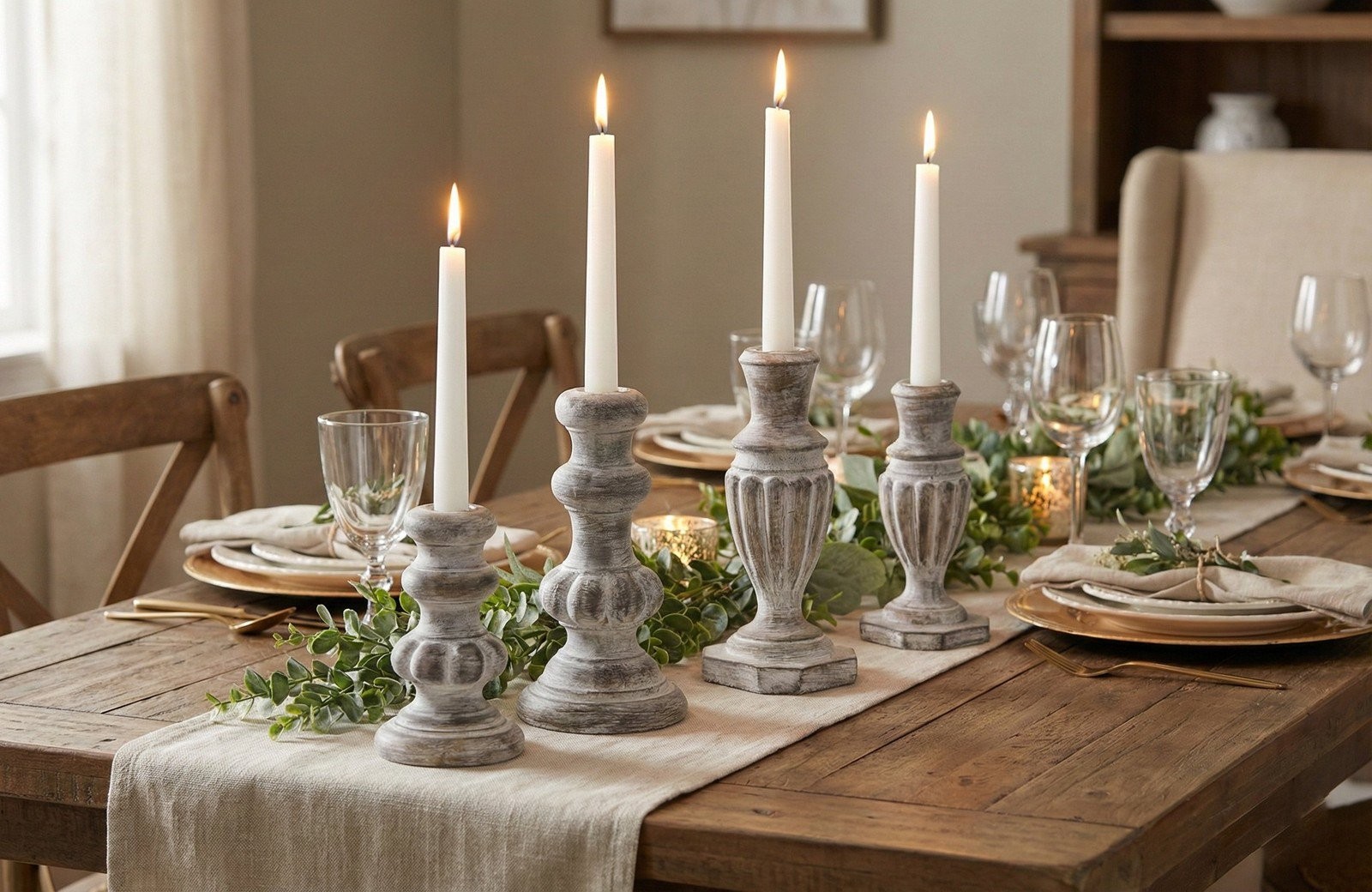 Melrose White Washed Stone Candle Holder (Set of 4)