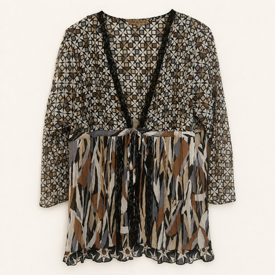 VTG Notations Blouse Size XL Sheer Multi Deep V Lace Trim Artsy Y2K Indie Boho