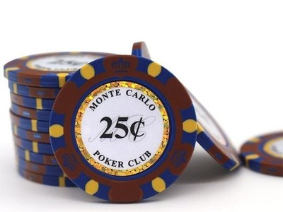 100 Monte Carlo Poker Club 14g Premium Clay Poker Chips - $0.25 Denomination