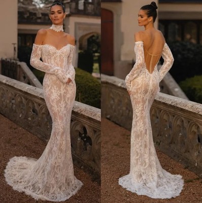 Berta Lace Mermaid Dresses Off Shoulder Sleeves Wedding Dress Sweep Train
