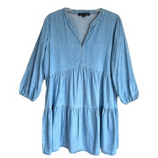 Tommy Hilfiger Sz L Tiered Chambray Boho Dress Blue Denim 3/4 Sleeve
