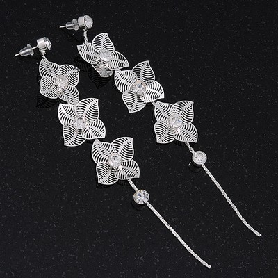 Lange silberfarbene filigrane Ohrhänger mit Blumenmuster - 12,5 cm Länge