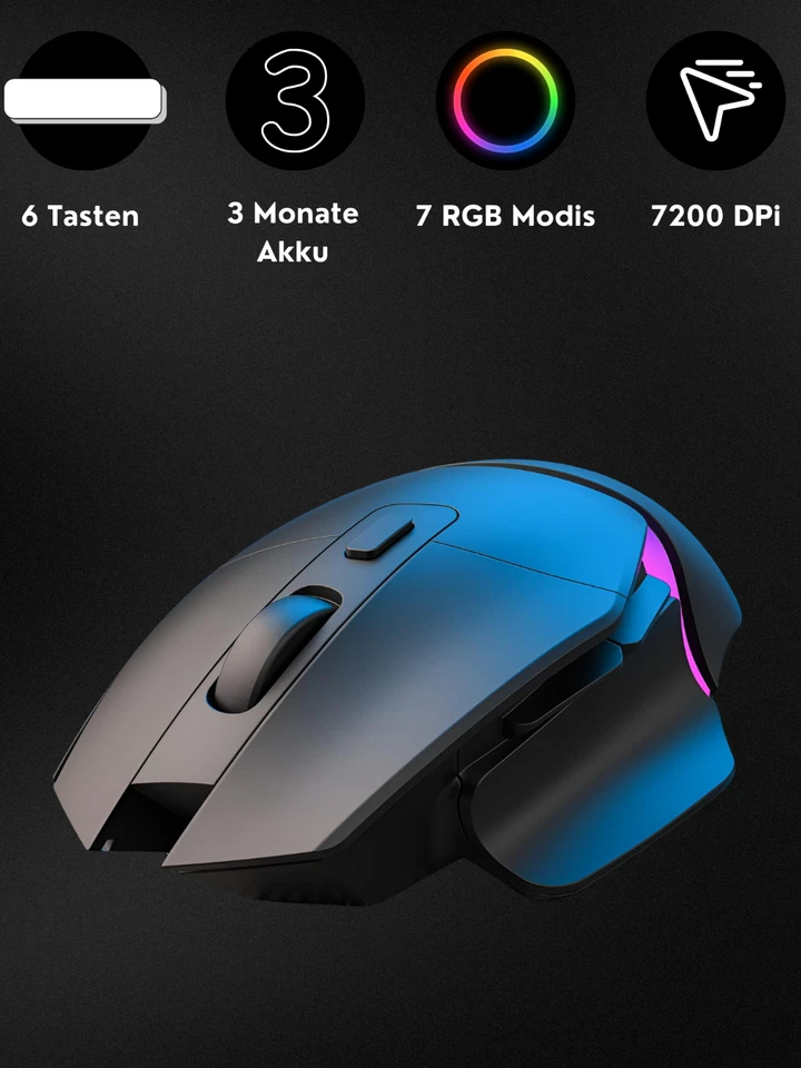 Bluetooth Gaming Maus Kabellos RGB Ergonomisch Funk 2.5G Schwarz Gaming-Maus - Bild 4 von 4