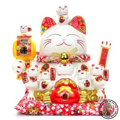 NEU EnergyPower Elektrische Maneki-neko Katze Premium Weiß Porzellan Groß 32 cm