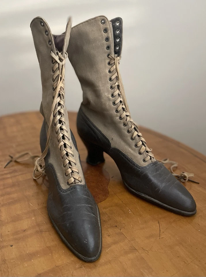 Victoriano Eduardiano Sorosis Mujer Medio Pantorrilla Botas con Cordones Zapatos Cuero y Lona Foto 4 de 4