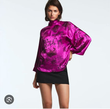 Zara Blouse Jacquard Japanese Print Kimono Sleeve - Fuchsia / Purple - M - NWT