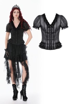 Dark In Love Women Gothic Punk Black Sheer Layered Ruffle Hem Blouse Fit Tops