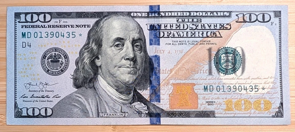 US $100 Dollar Bill Replacement ✯Star✯ Note Series 2013. MD 01390435⭐ - Image 2 of 4