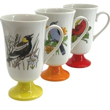 Set Of 3 Vintage 60s Fred Roberts Song Bird Cottagecore Footed Pedestal Mugs