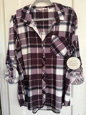 NWT Eden & Olivia Anthropologie Knit Top Button Shirt Plus Sz 1X 3X Plaid Plum