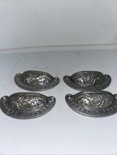 Lot 4 cast cabinet drawer bin pull cup handle Geometric design Aluminum VTG 4