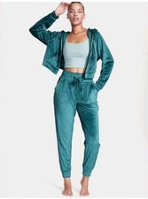 Victoria's Secret On Point Velour Track Suit M/L Teal Rhinestone Hoodie Joggers