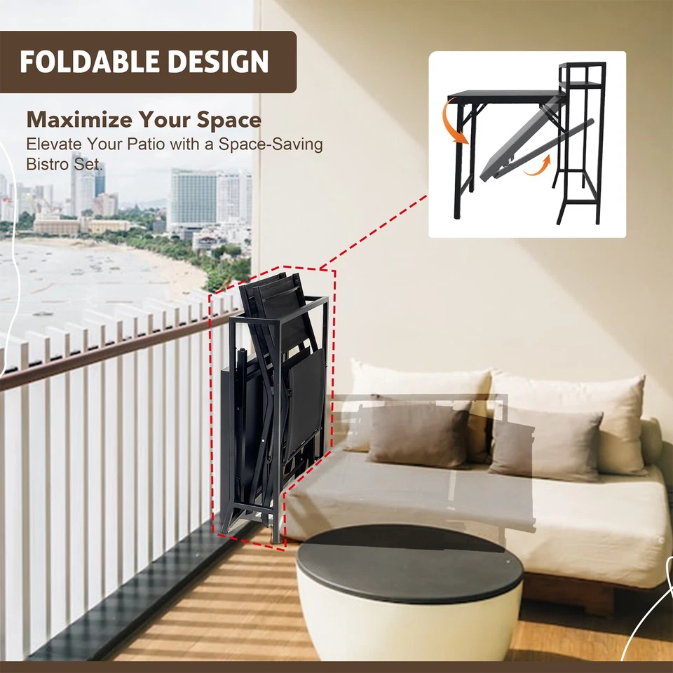 3PCS Patio Bistro Set, Black Folding Table & Chairs for Outdoor Garden NY pickup - Image 4 of 4