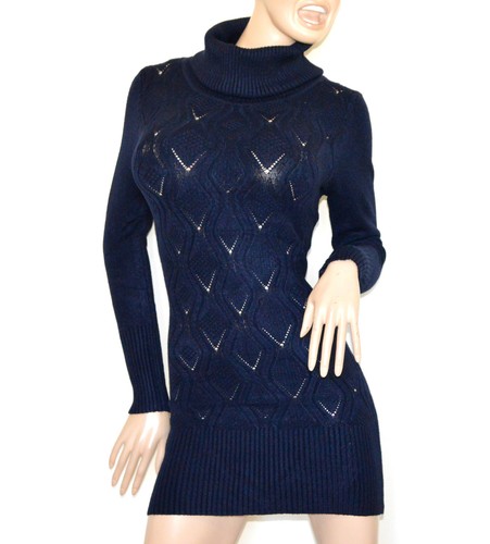 MAGLIONE MAXI PULL donna blu abito vestito collo alto dolcevita manica  lunga G77 | eBay