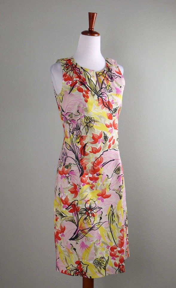 LEGGIADRO $495 Floral Printed V-Neck Sleeveless Cotton Sheath Dress Size 2 - Изображение 2 из 4