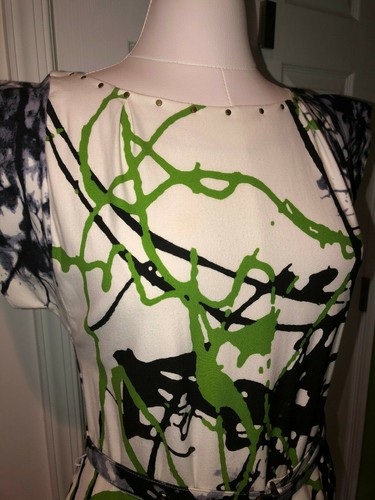 NWT JUST CAVALLI White black green paint splash cap sleeve summer dress IT40 US8 - Picture 2 of 11
